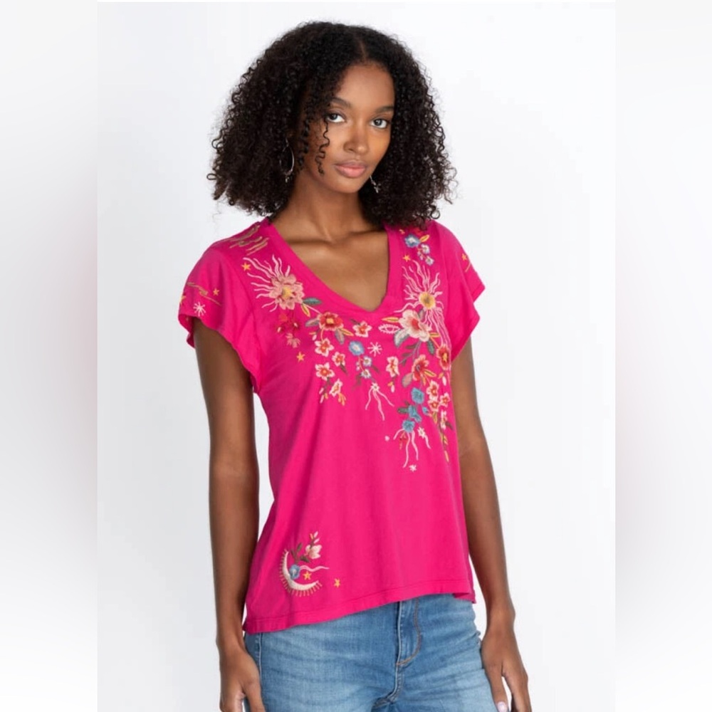 Johnny Was Medium Lissa Embroidered Short Sleeve Pink Cotton Pullover Womens